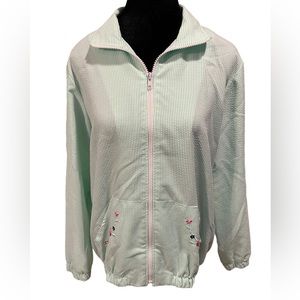 Blair Bright Green Preppy Coastal Seersucker Embroidered Boho Floral Zip Jacket